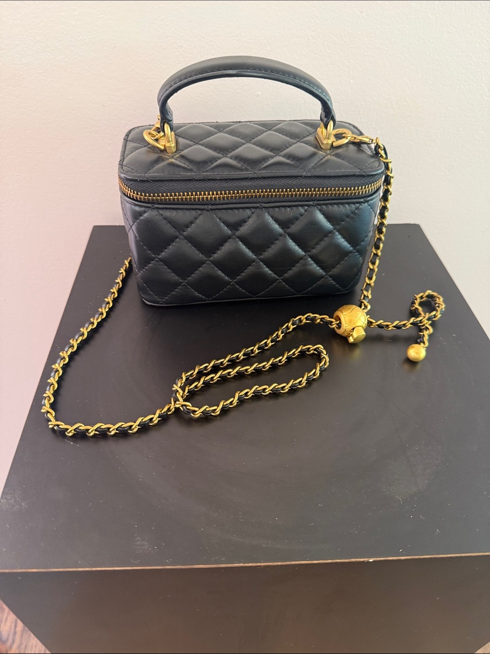 Black Quilted Top-Handle Leather Crossbody Evening Bag with Gold Chain